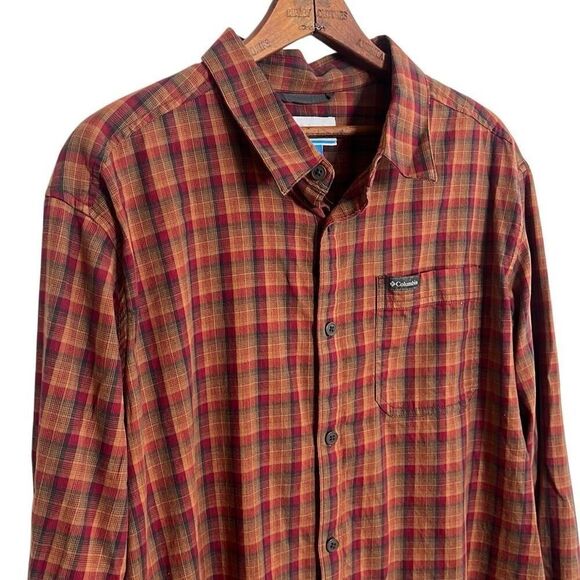 Columbia Plaid Pocket Long Sleeve Button Down Shirt Red Orange Size Large - Picture 3 of 7